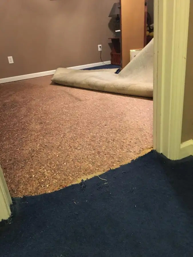 Carpet pad removal revealing water damage during Water Mitigation Services in Schroeppel